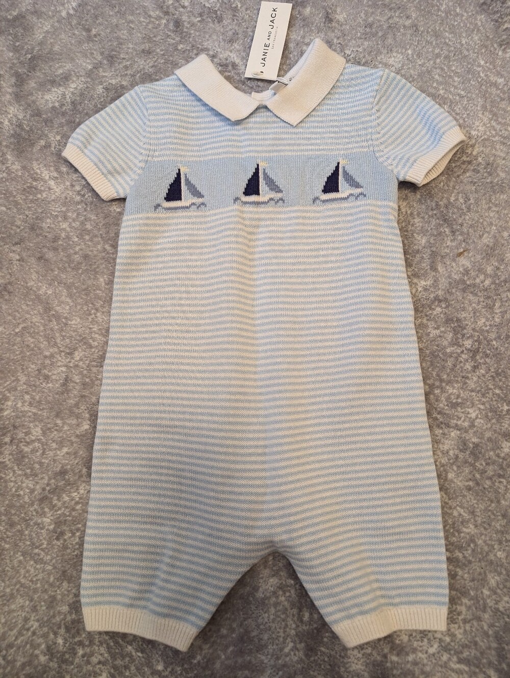 Janie and Jack Blue White Striped Knit Collar Romper Nautical Sailboat 12-18 Mo